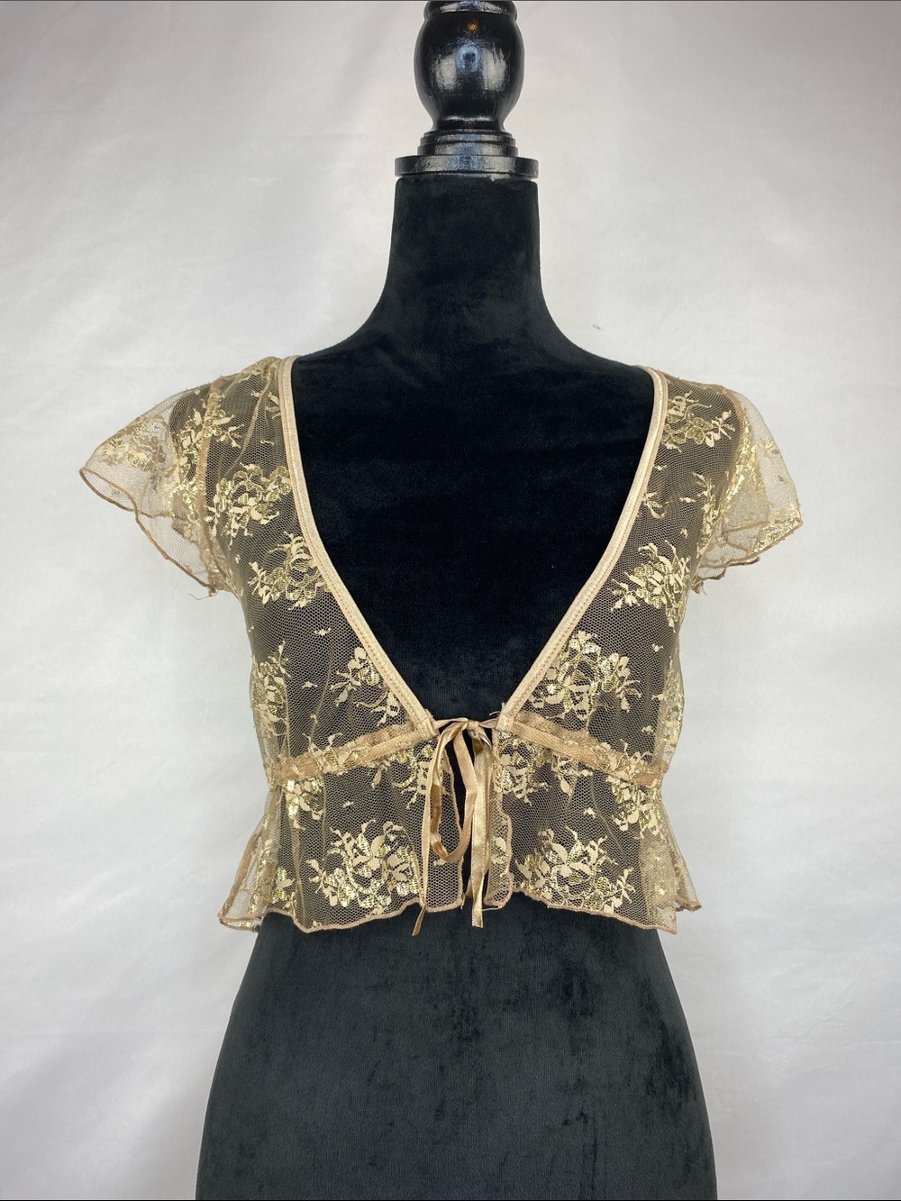 Vintage Y2K Fairy Xhilaration Gold Metallic Lace Shrug Bolero Tie Front Top S
